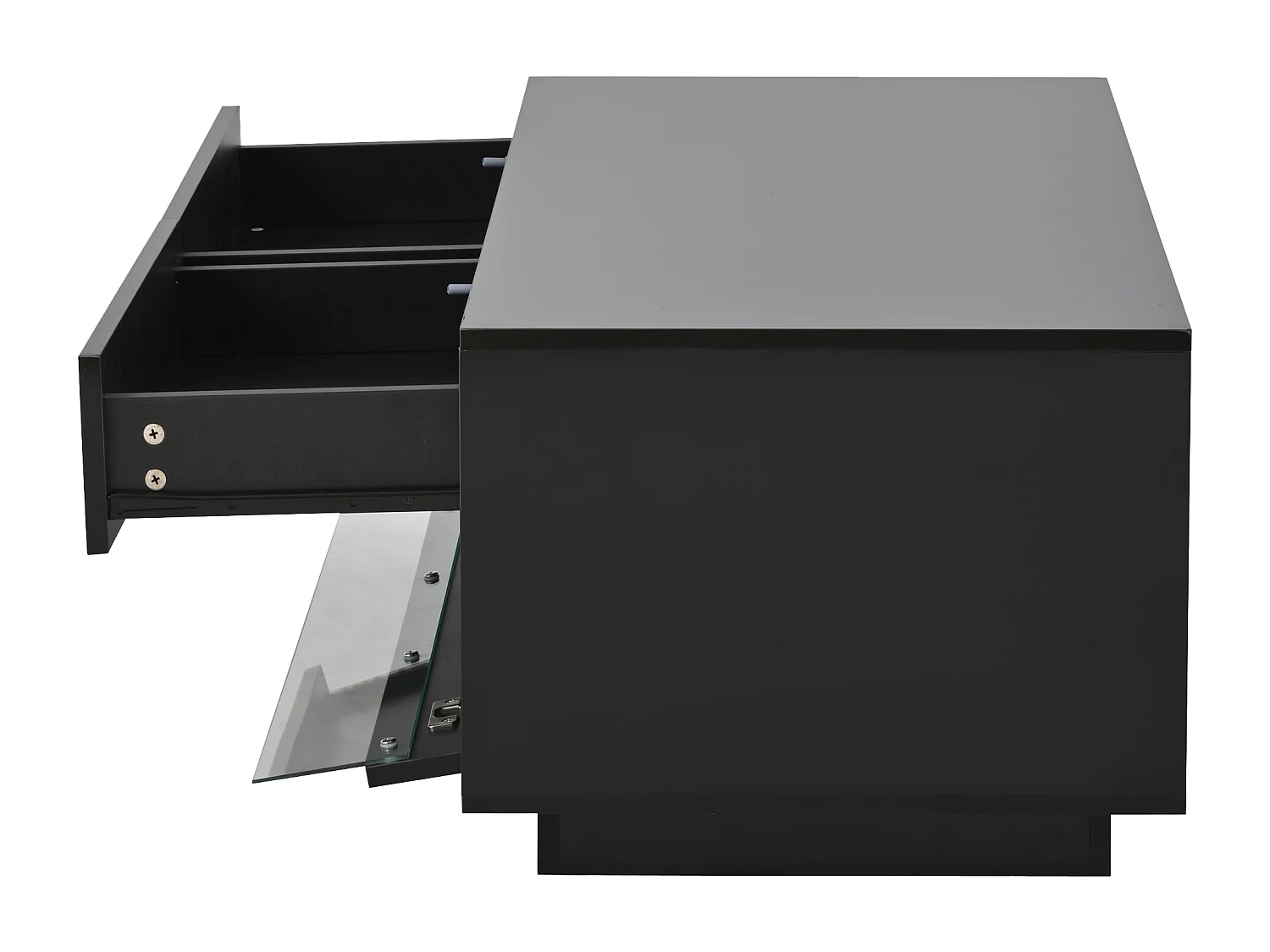 Table basse noir brillante - Table basse avec 2 tiroirs et éclairage LED - panneau de porte rabattable