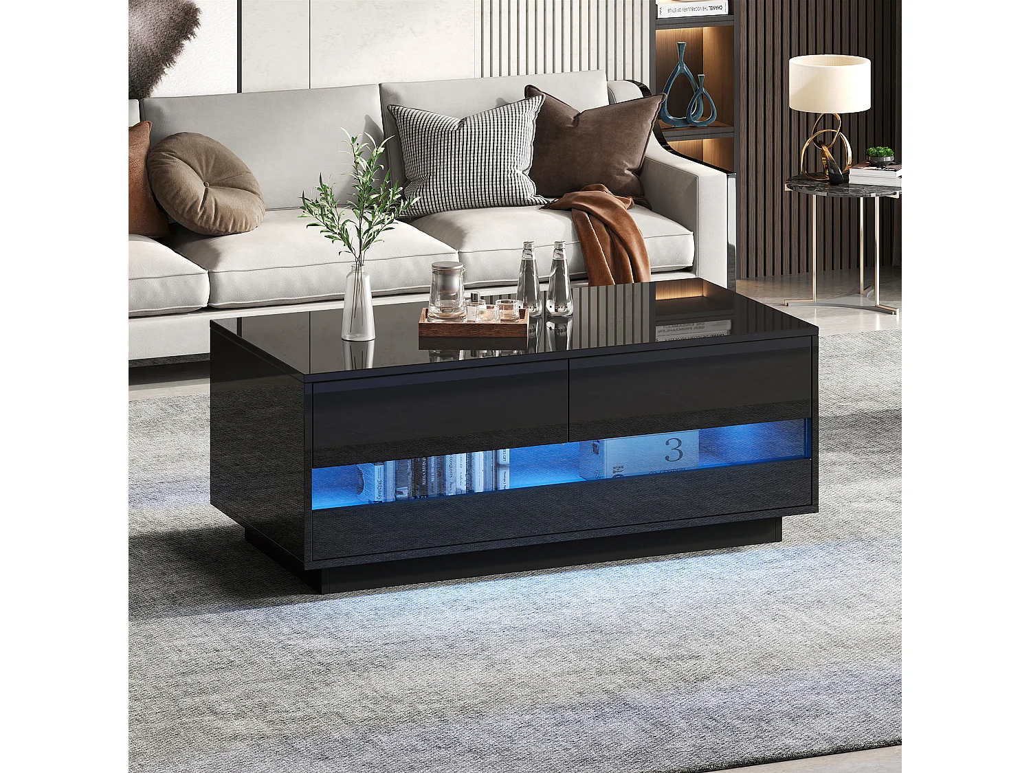 Table basse noir brillante - Table basse avec 2 tiroirs et éclairage LED - panneau de porte rabattable