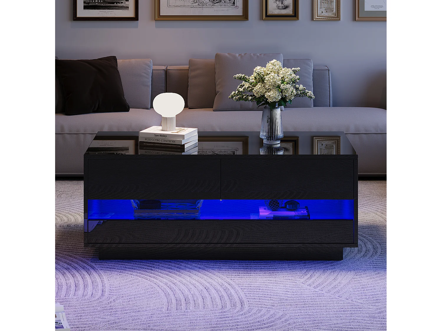 Table basse noir brillante - Table basse avec 2 tiroirs et éclairage LED - panneau de porte rabattable