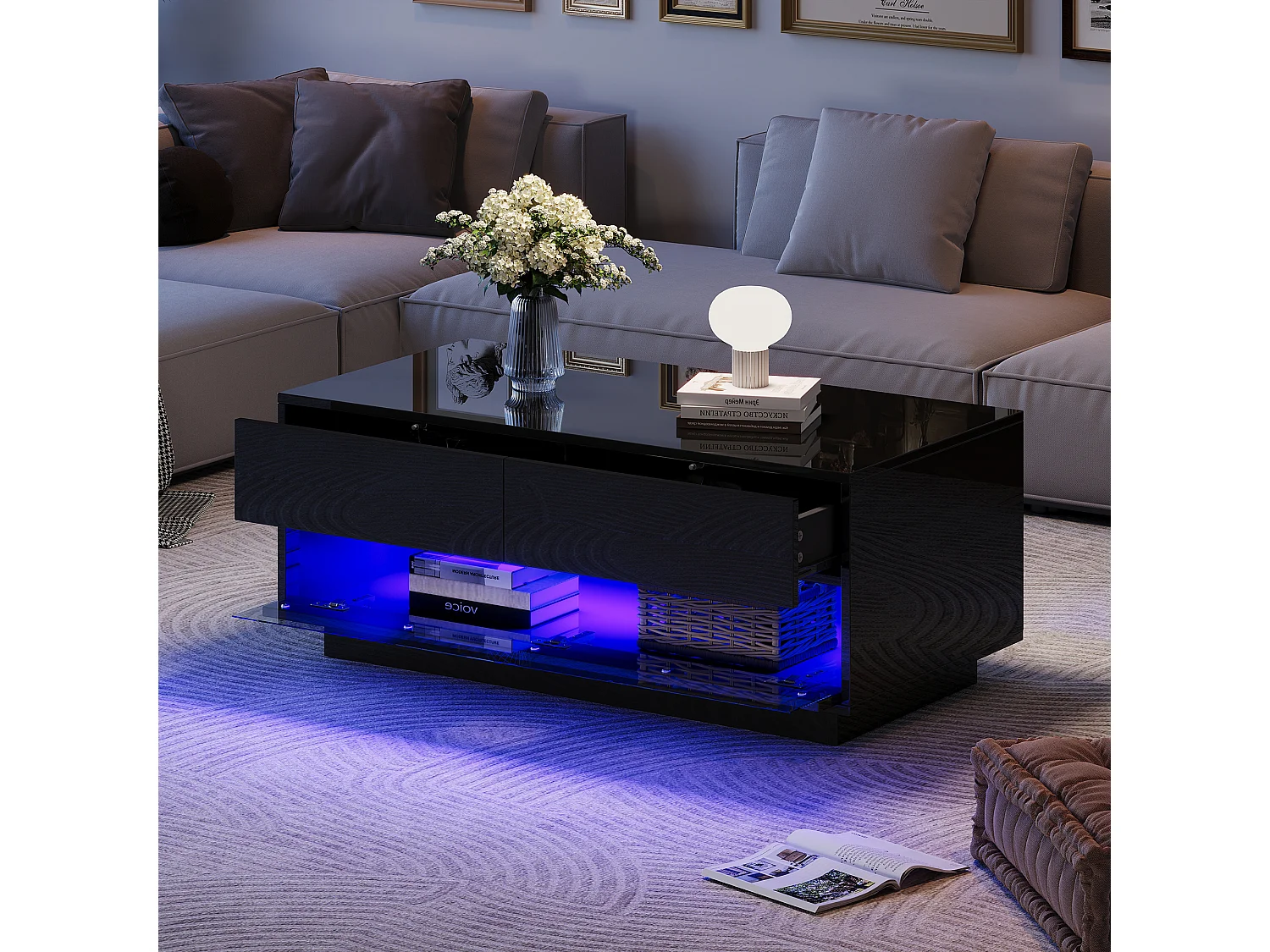Table basse noir brillante - Table basse avec 2 tiroirs et éclairage LED - panneau de porte rabattable