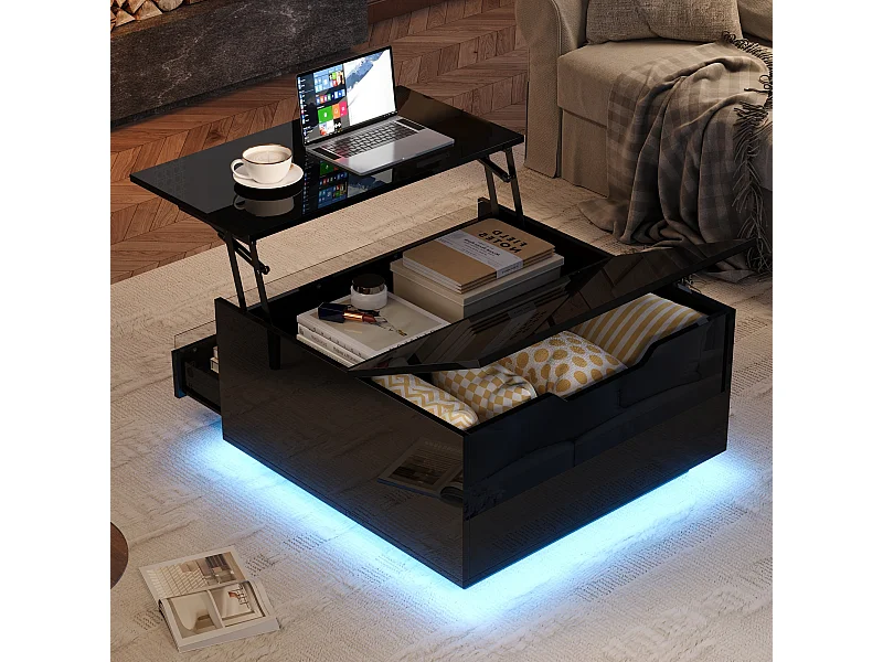 Table basse noir avec plateau relevable - Table basse avec éclairage LED et 1 tiroir - porte rabattable et rangement dissimulé
