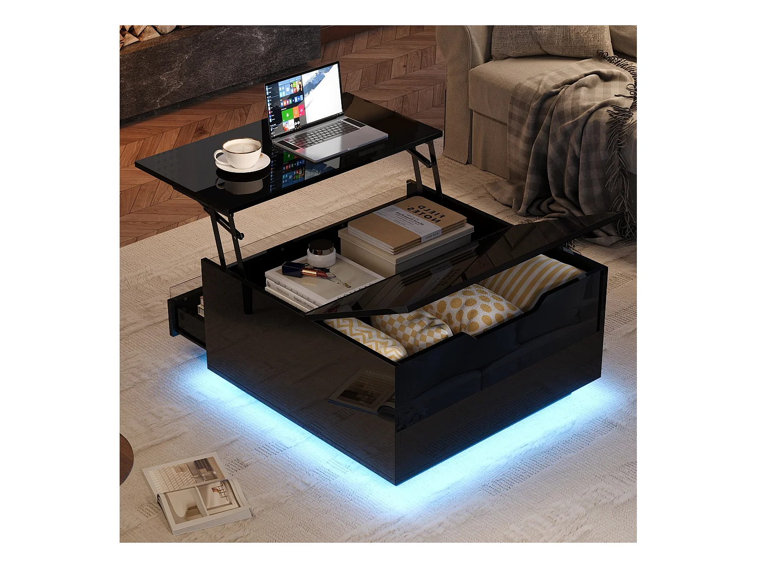 Table basse noir avec plateau relevable - Table basse avec éclairage LED et 1 tiroir - porte rabattable et rangement dissimulé