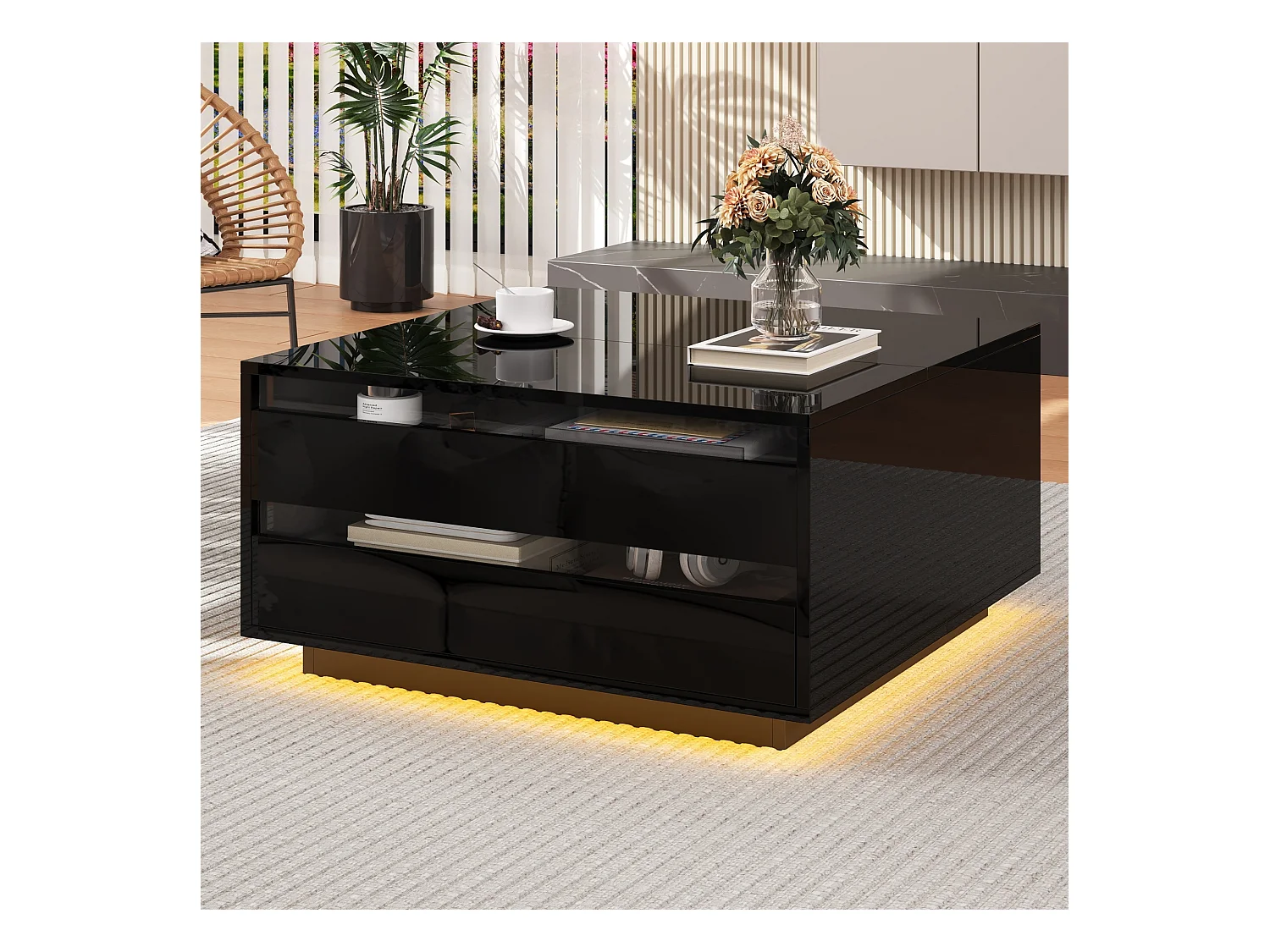 Table basse noir avec plateau relevable - Table basse avec éclairage LED et 1 tiroir - porte rabattable et rangement dissimulé