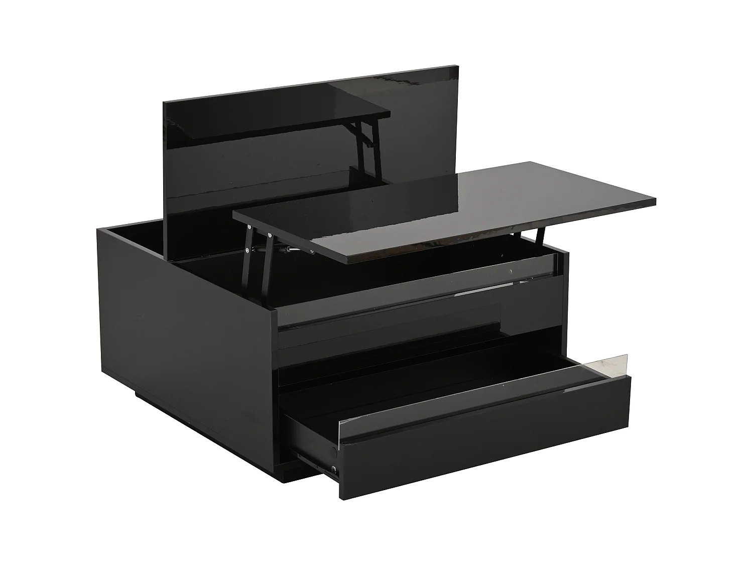 Zwarte salontafel met opklapbaar blad - Salontafel met ledverlichting en 1 lade - Klapdeur en verborgen opbergruimte