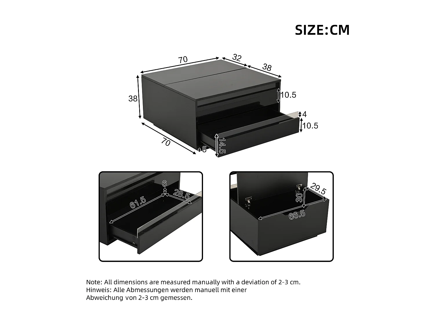 Table basse noir avec plateau relevable - Table basse avec éclairage LED et 1 tiroir - porte rabattable et rangement dissimulé