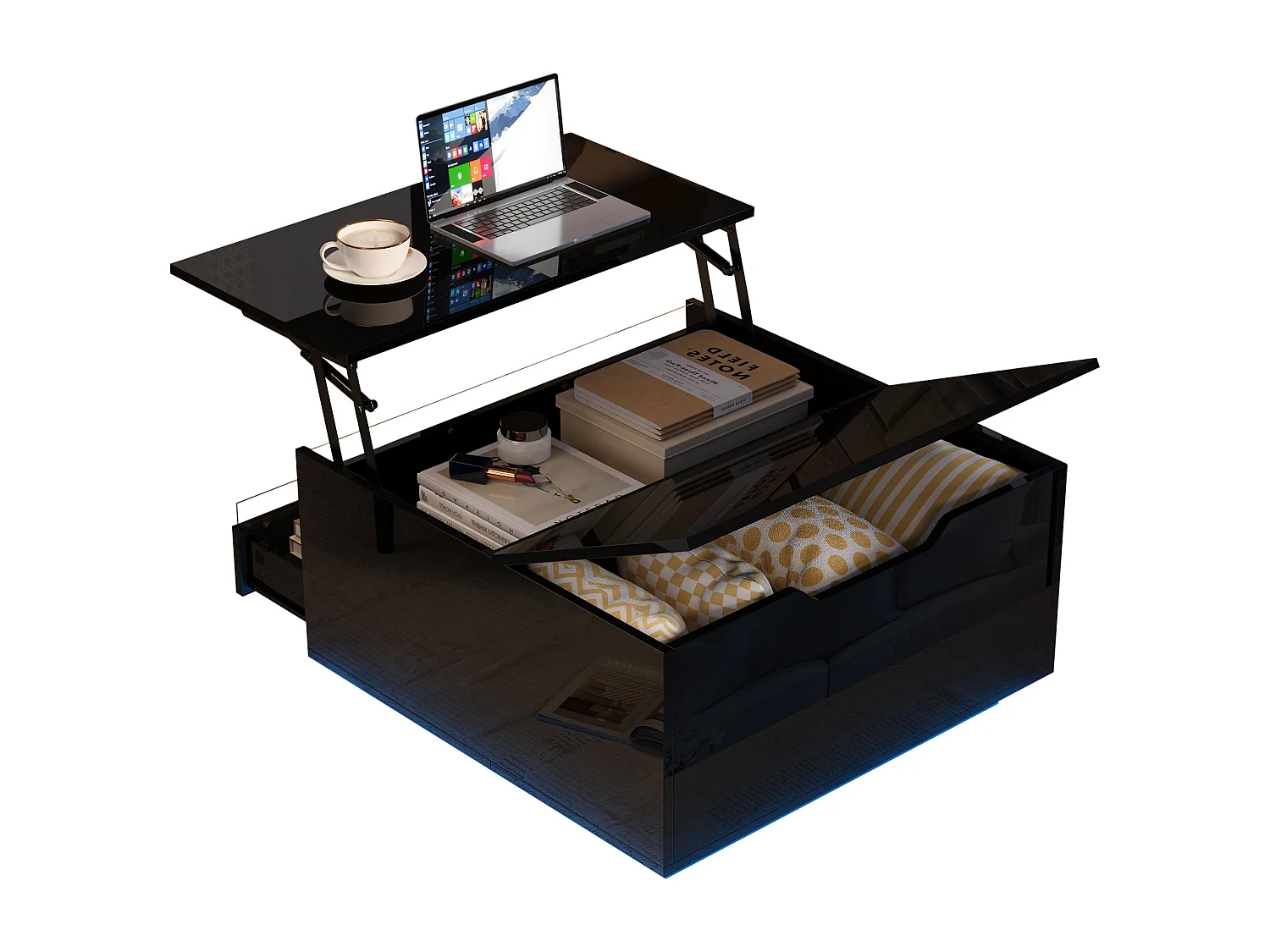 Table basse noir avec plateau relevable - Table basse avec éclairage LED et 1 tiroir - porte rabattable et rangement dissimulé
