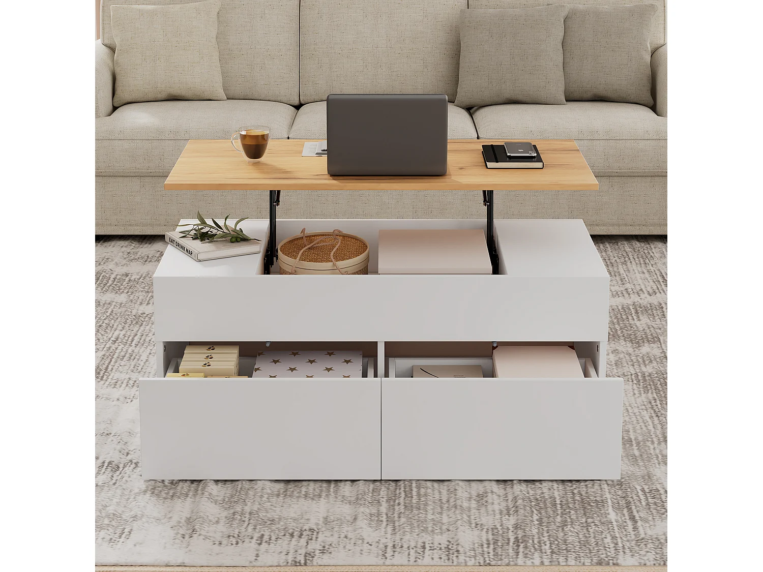 Höhenverstellbarer Couchtisch – Couchtisch mit 2 Schubladen und 2 offenen Fächern – weiß und holz