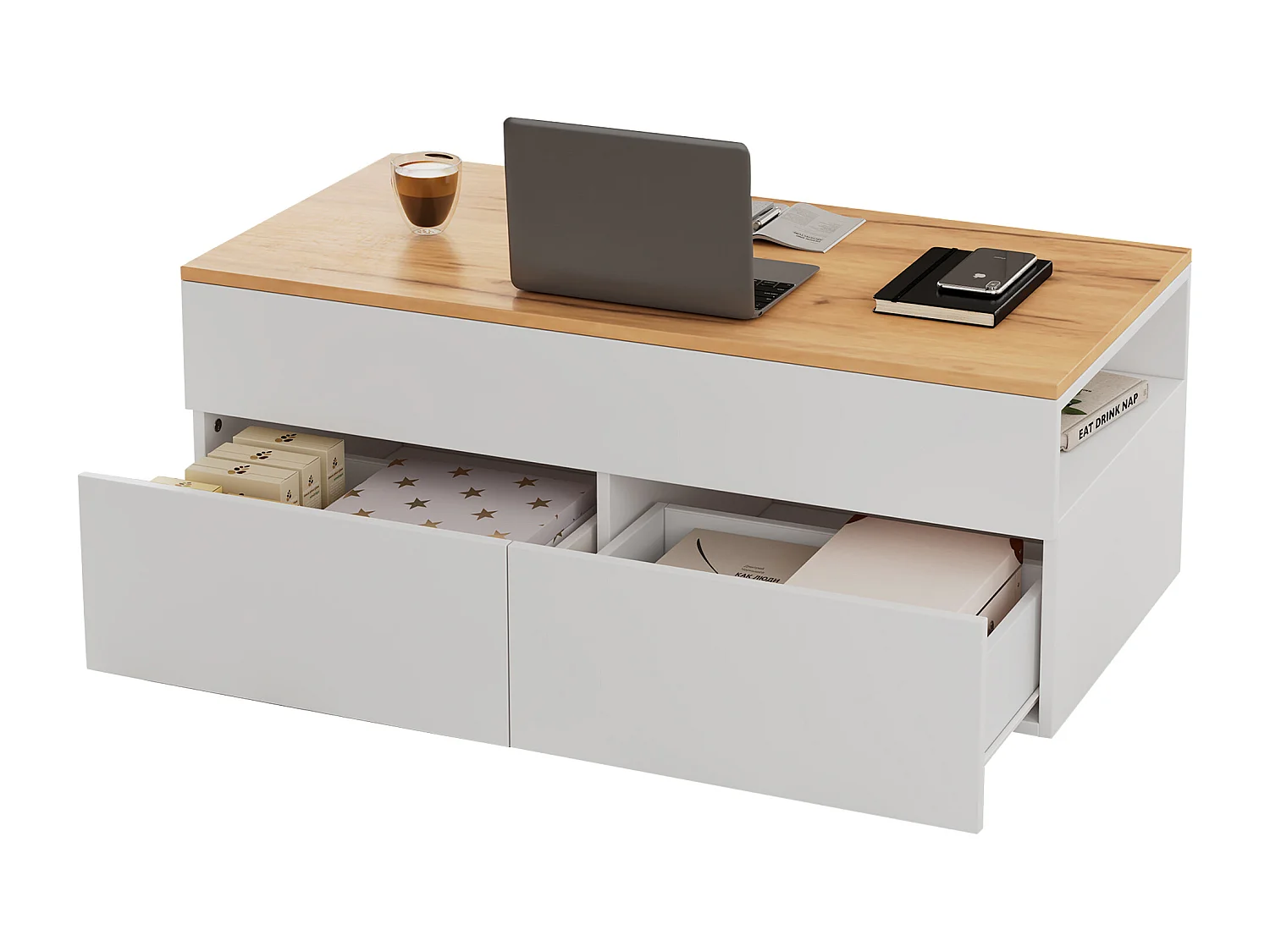 Höhenverstellbarer Couchtisch – Couchtisch mit 2 Schubladen und 2 offenen Fächern – weiß und holz