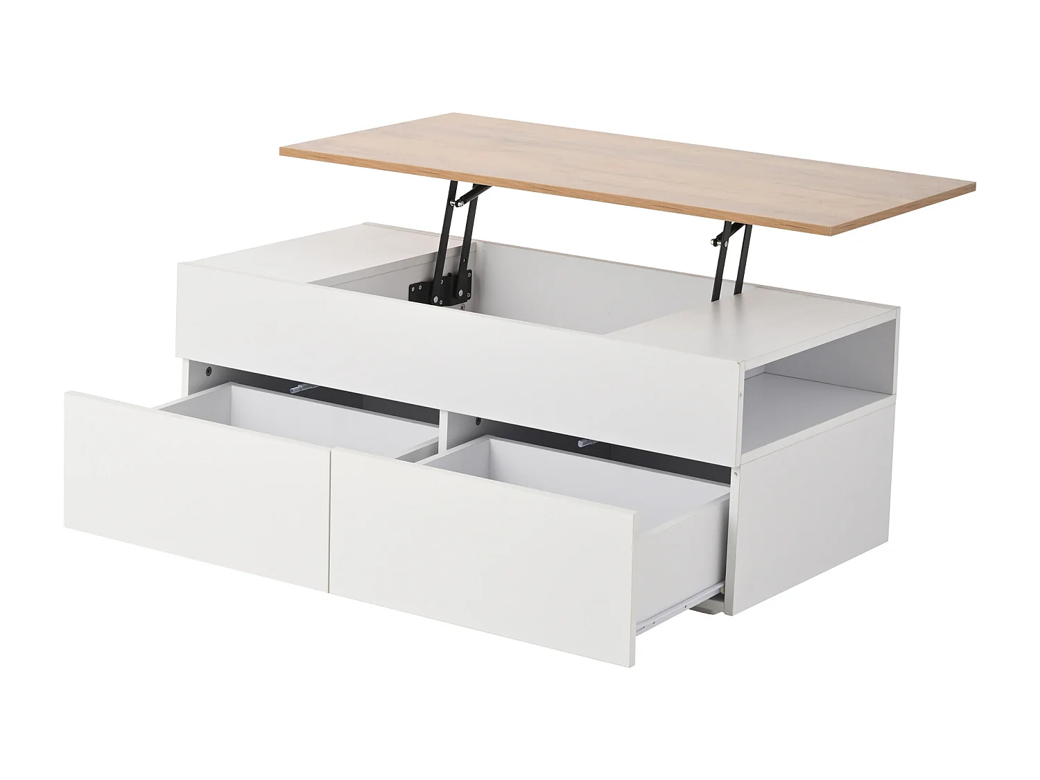 Höhenverstellbarer Couchtisch – Couchtisch mit 2 Schubladen und 2 offenen Fächern – weiß und holz