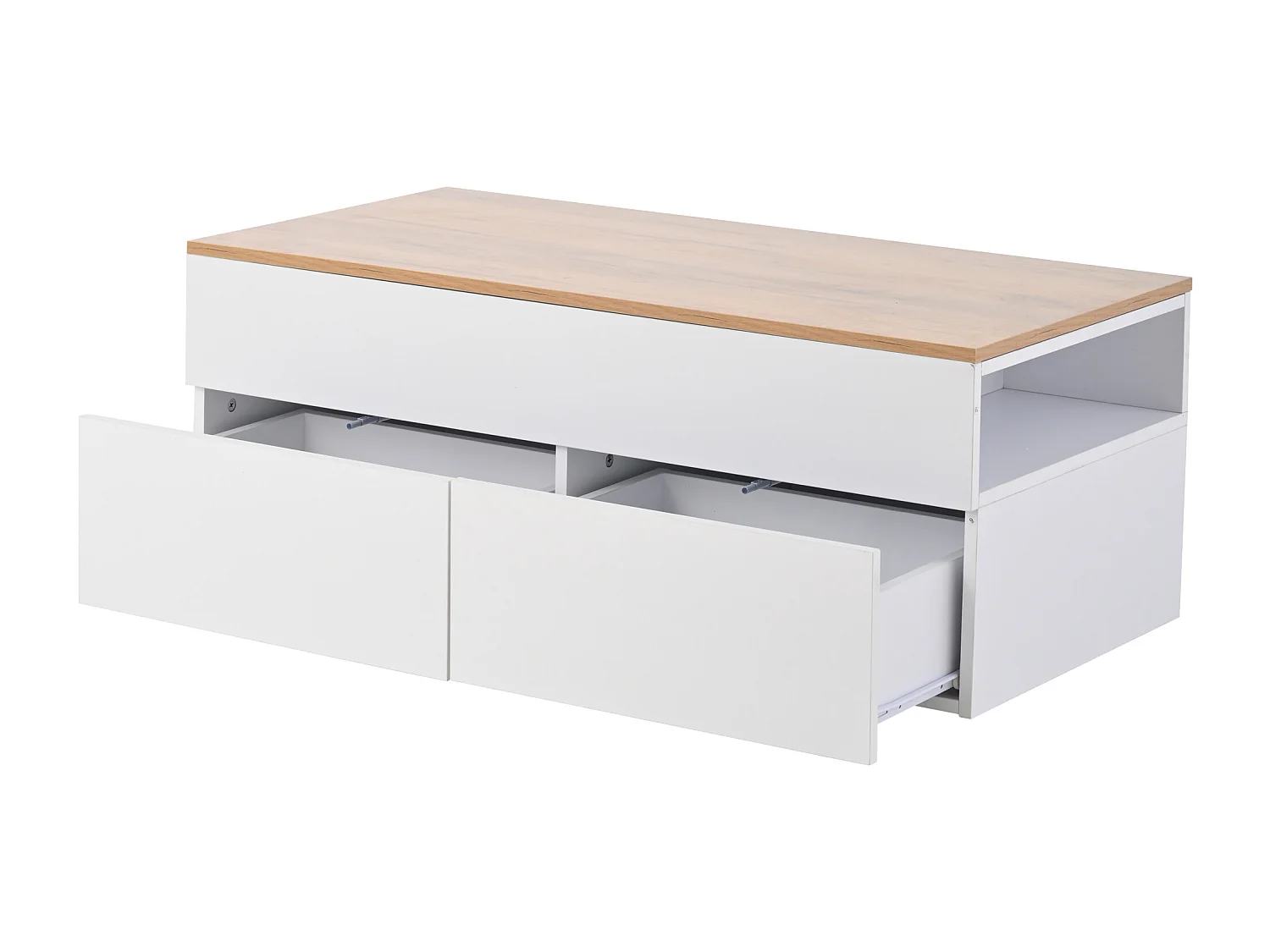 Höhenverstellbarer Couchtisch – Couchtisch mit 2 Schubladen und 2 offenen Fächern – weiß und holz