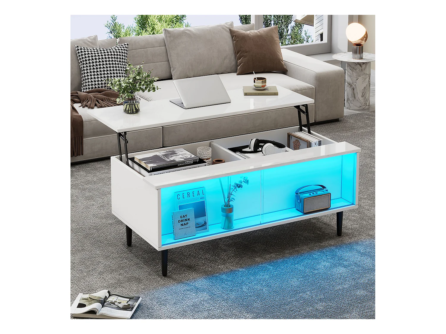 Table basse blanc avec plateau relevable - Table d'appoint avec 2 portes coulissantes en verre et éclairage LED - 4 pieds