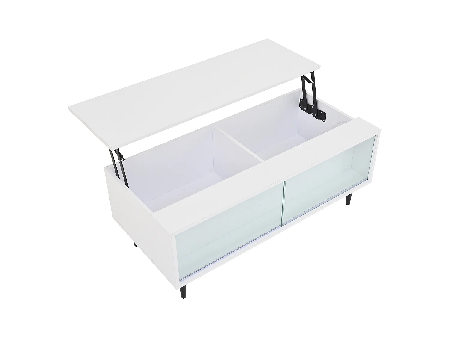 Table basse blanc avec plateau relevable - Table d'appoint avec 2 portes coulissantes en verre et éclairage LED - 4 pieds