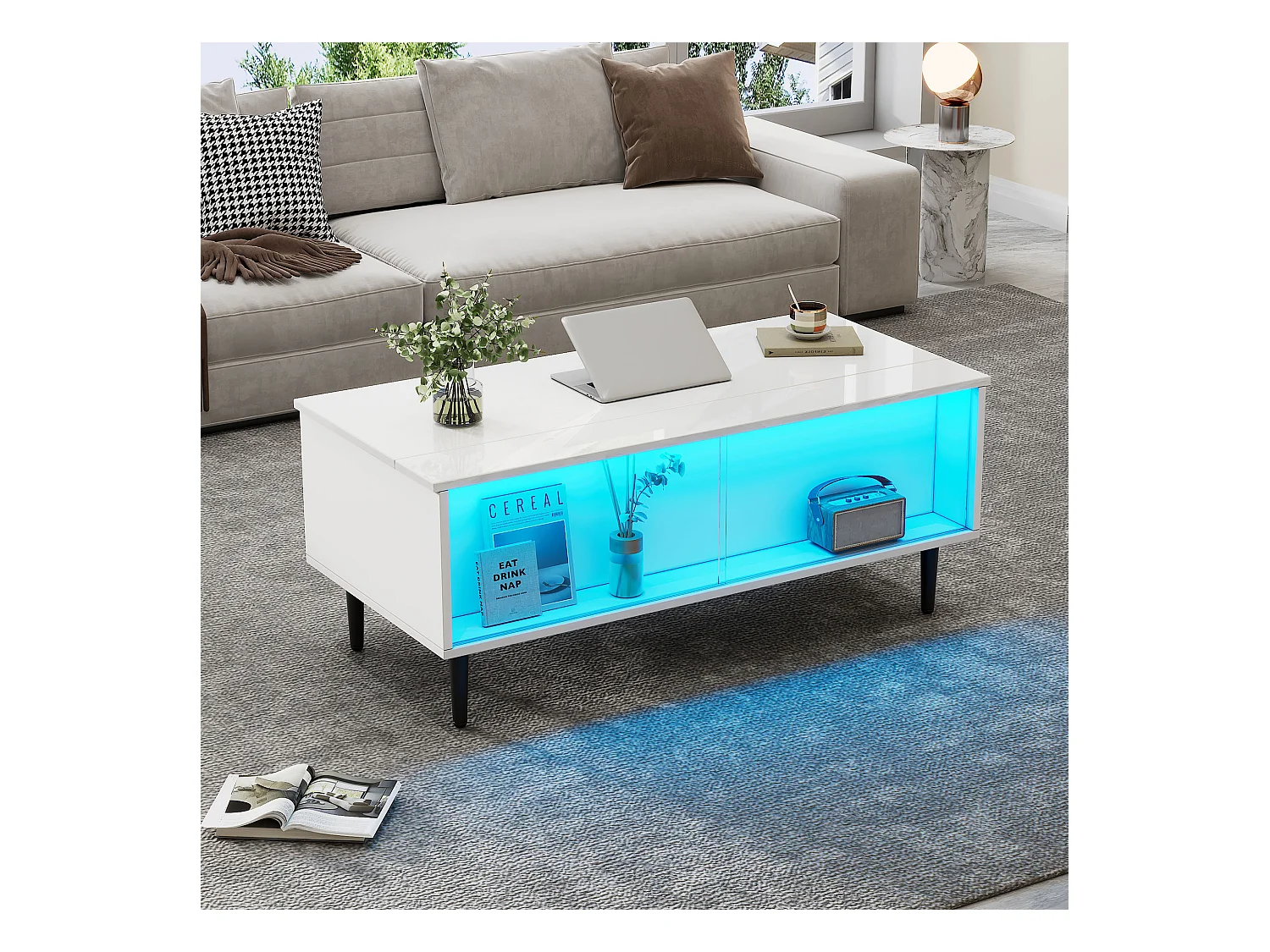 Table basse blanc avec plateau relevable - Table d'appoint avec 2 portes coulissantes en verre et éclairage LED - 4 pieds