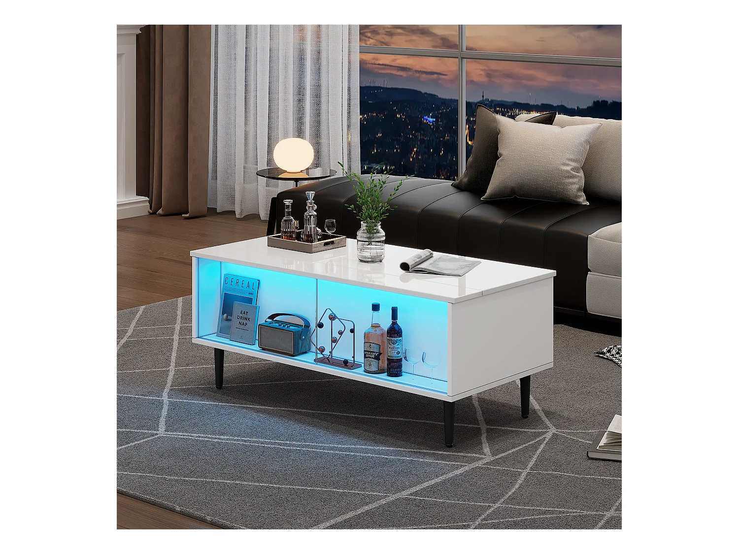 Table basse blanc avec plateau relevable - Table d'appoint avec 2 portes coulissantes en verre et éclairage LED - 4 pieds