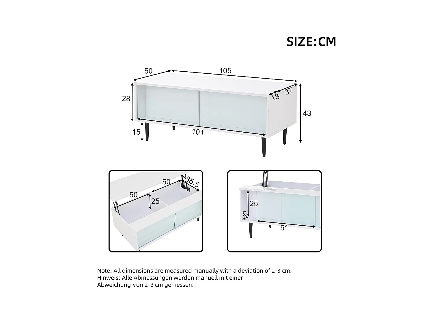 Table basse blanc avec plateau relevable - Table d'appoint avec 2 portes coulissantes en verre et éclairage LED - 4 pieds