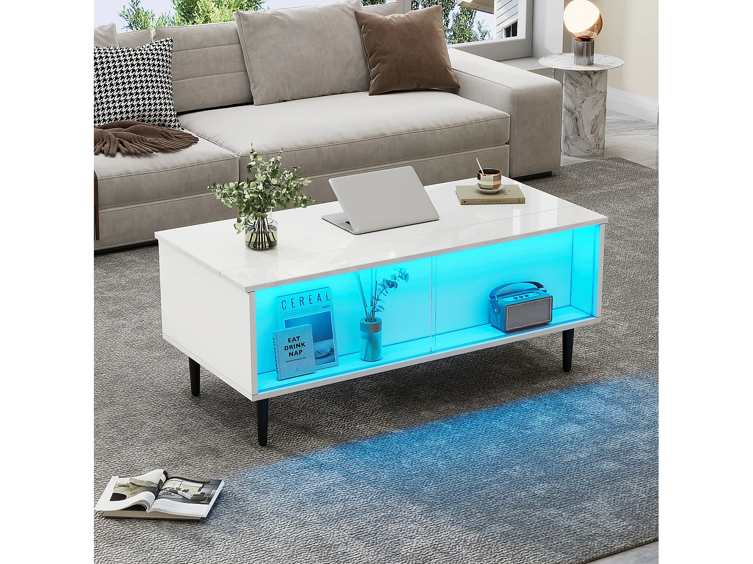 Table basse blanc avec plateau relevable - Table d'appoint avec 2 portes coulissantes en verre et éclairage LED - 4 pieds