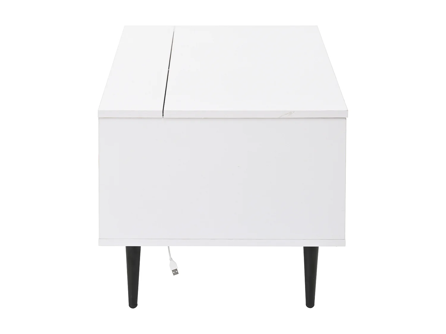 Table basse blanc avec plateau relevable - Table d'appoint avec 2 portes coulissantes en verre et éclairage LED - 4 pieds