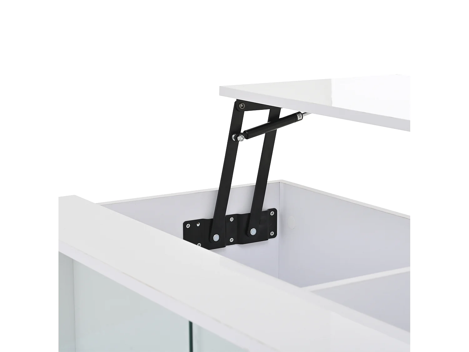 Table basse blanc avec plateau relevable - Table d'appoint avec 2 portes coulissantes en verre et éclairage LED - 4 pieds