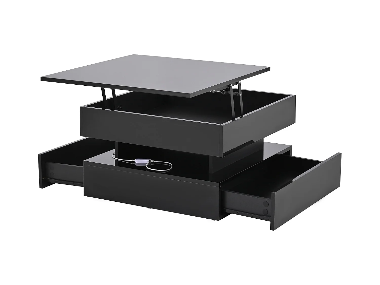 Schwarzer Couchtisch mit hochklappbarer Platte – Couchtisch mit LED-Beleuchtung und 2 Schubladen – versteckter stauraum