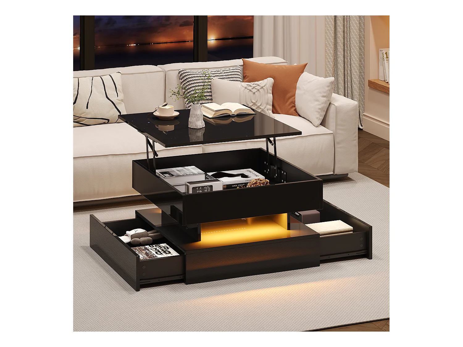 Table basse noire avec plateau relevable - Table basse avec éclairage LED et 2 tiroirs - rangement dissimulé