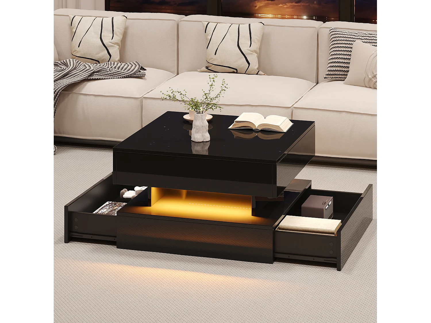 Table basse relevable noire - Table basse carrée avec éclairage LED et 2 tiroirs - rangement dissimulé