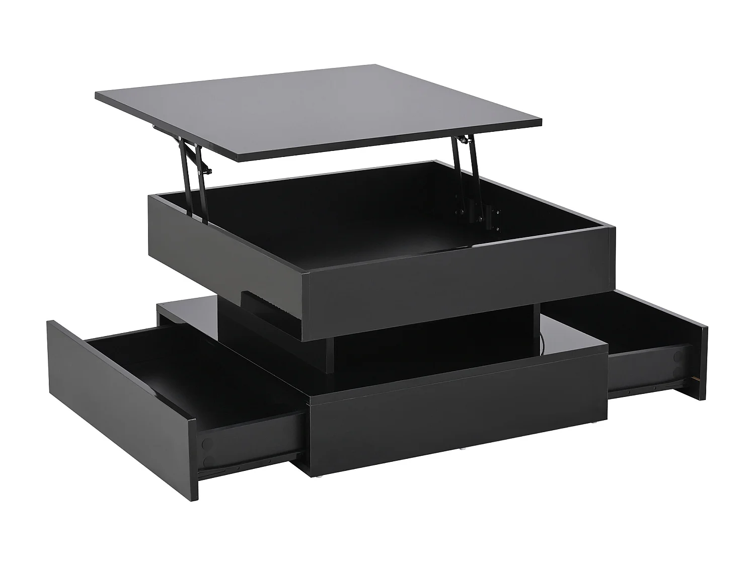 Table basse relevable noire - Table basse carrée avec éclairage LED et 2 tiroirs - rangement dissimulé