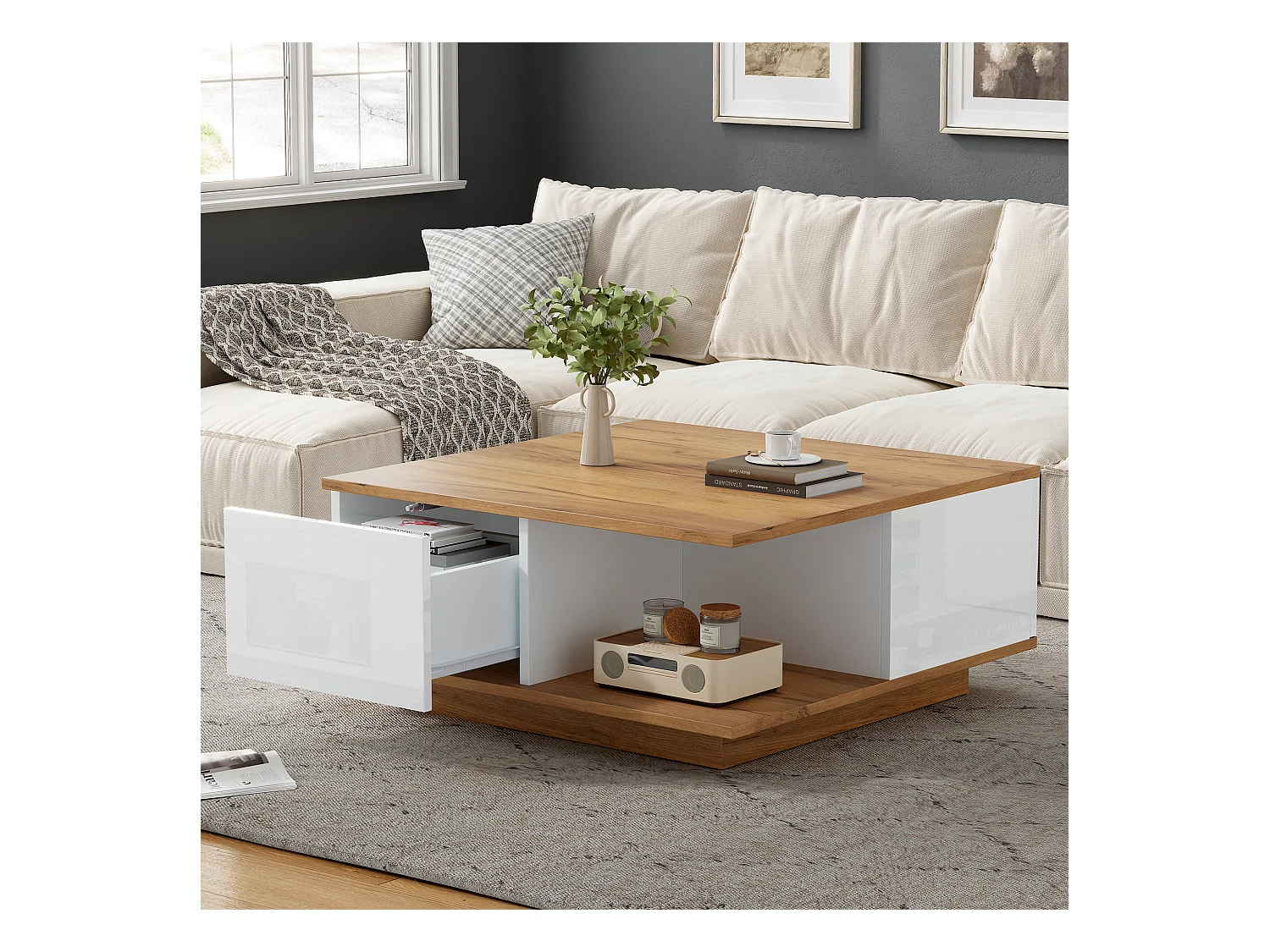 Table basse 3 tiroirs - Finition bois et 1 compartiment de rangement semi-ouvert - blanc et bois naturel