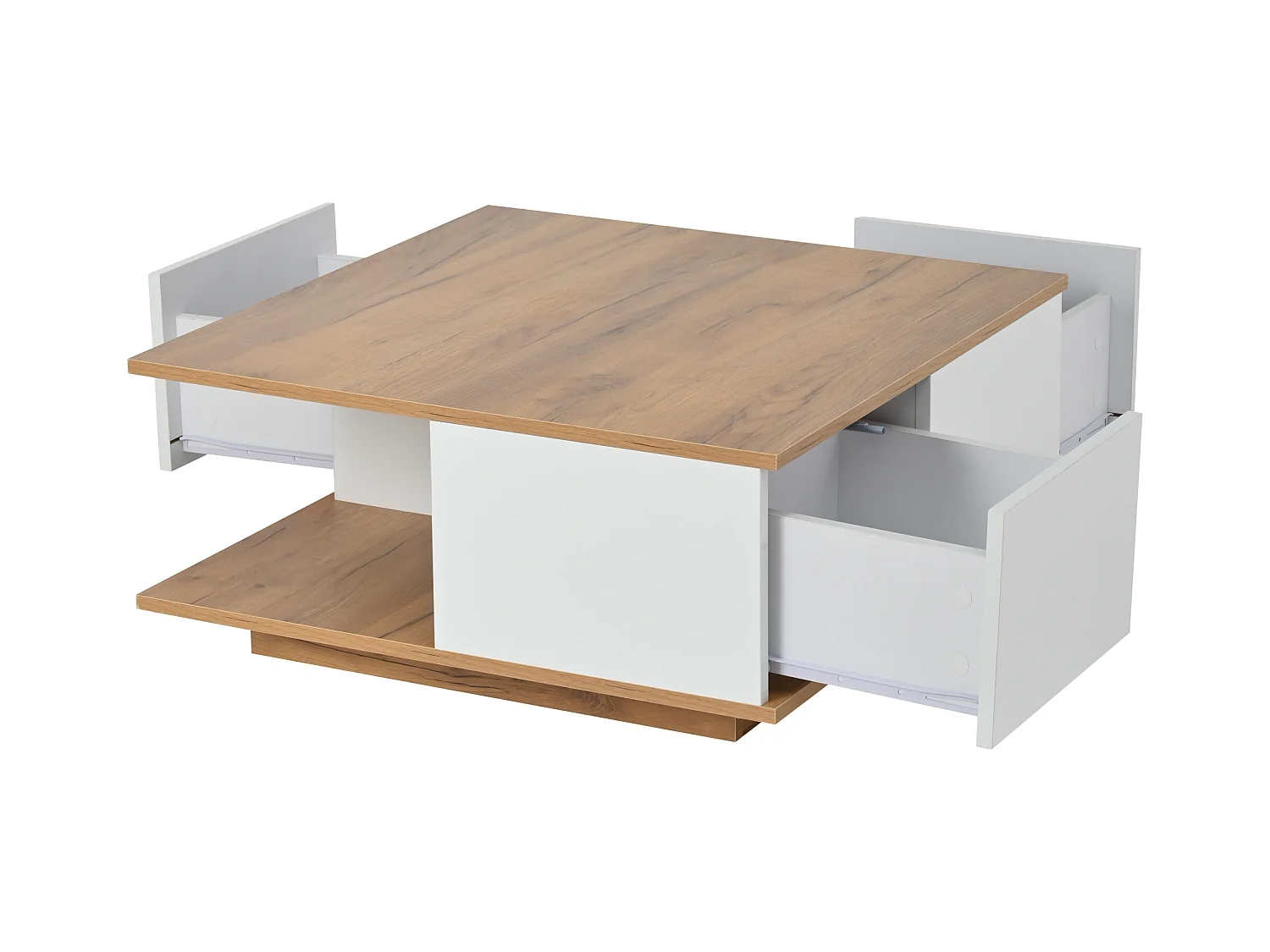 Table basse 3 tiroirs - Finition bois et 1 compartiment de rangement semi-ouvert - blanc et bois naturel