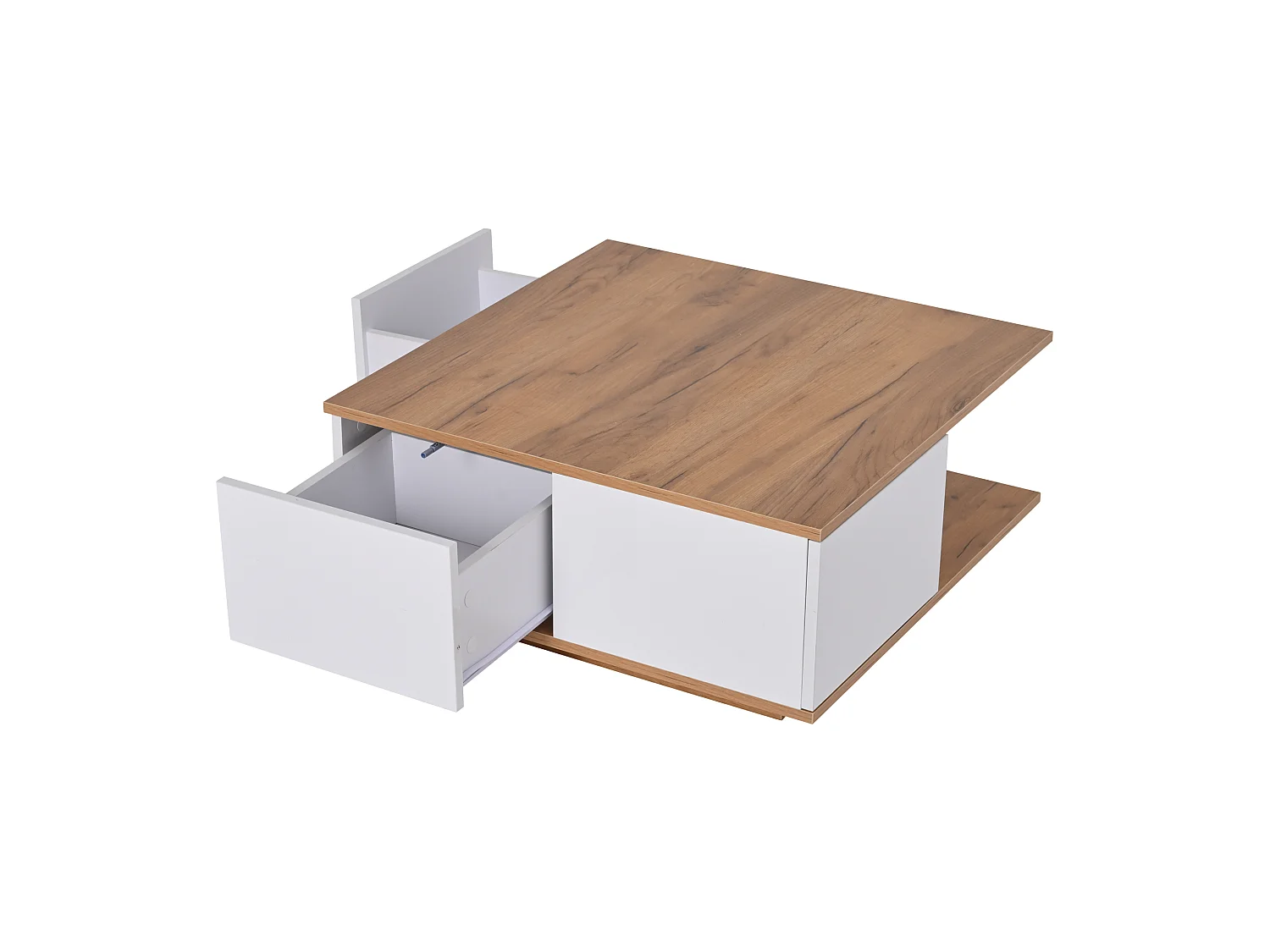 Table basse 3 tiroirs - Finition bois et 1 compartiment de rangement semi-ouvert - blanc et bois naturel
