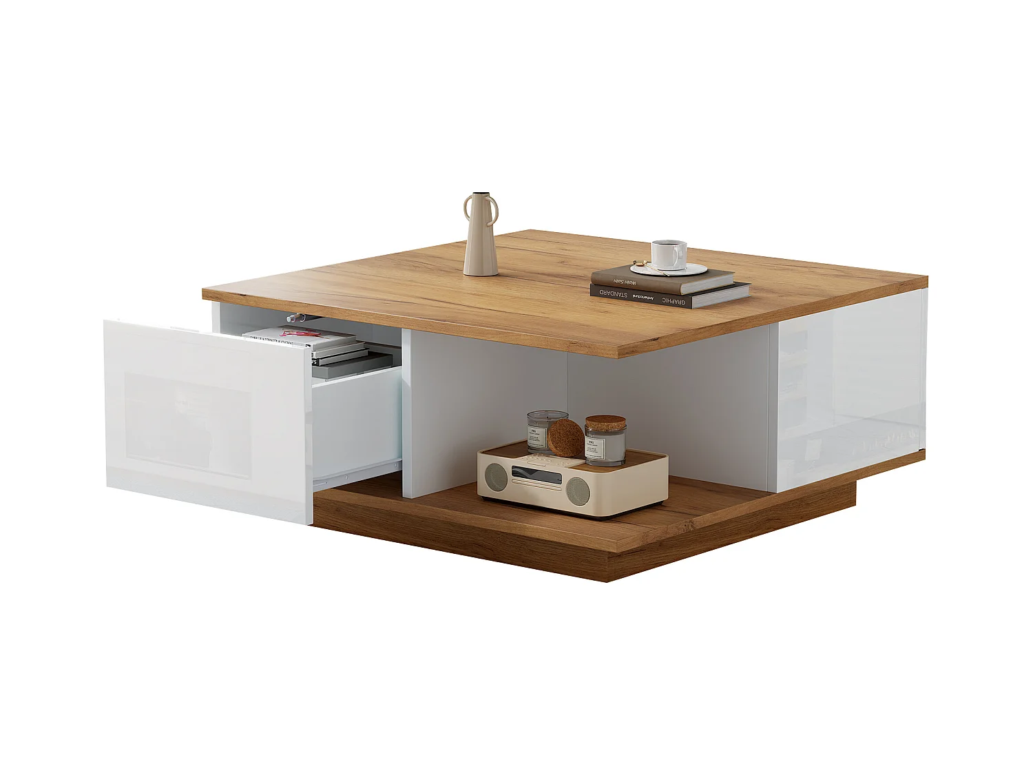 Table basse 3 tiroirs - Finition bois et 1 compartiment de rangement semi-ouvert - blanc et bois naturel