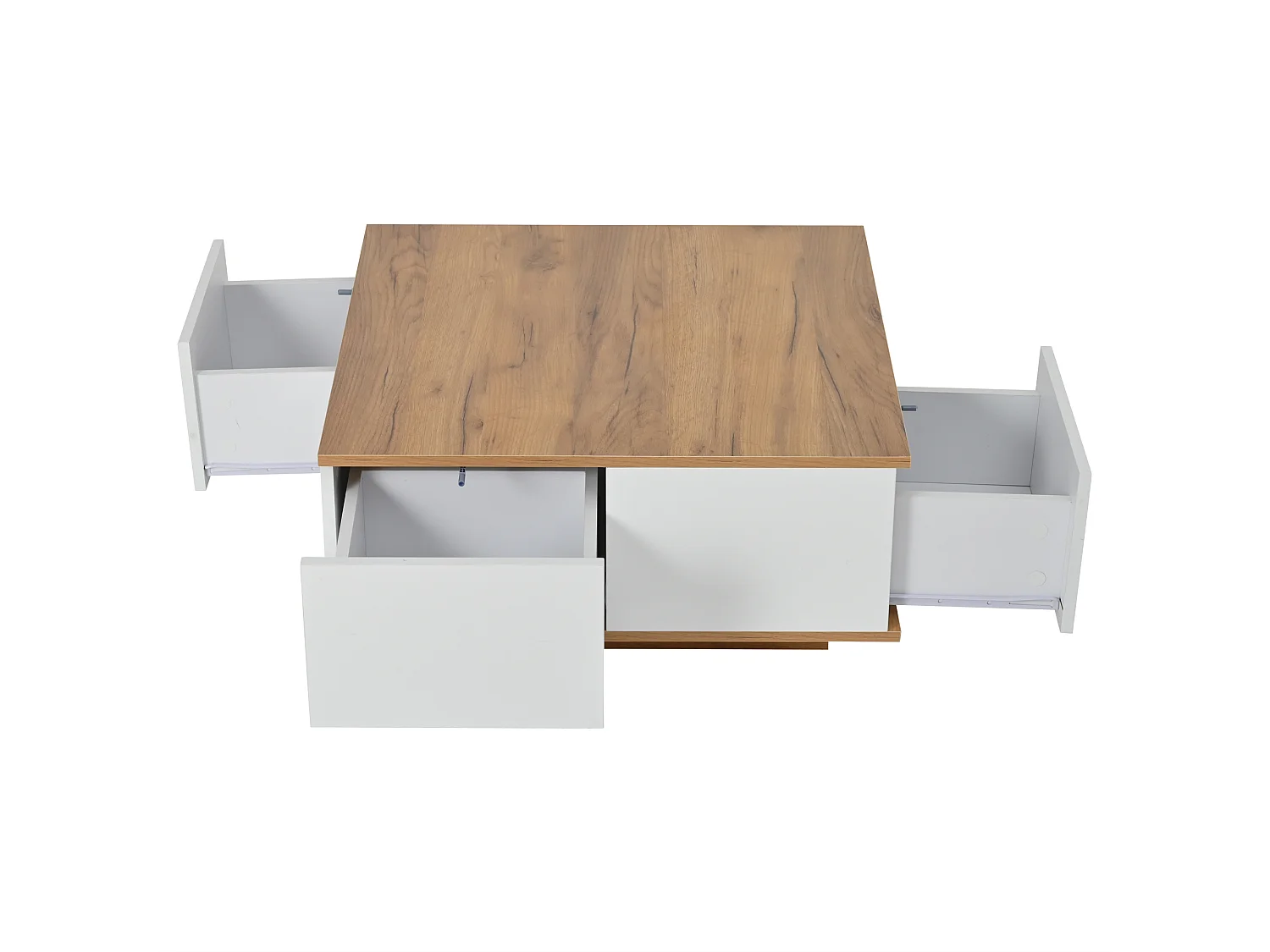 Table basse 3 tiroirs - Finition bois et 1 compartiment de rangement semi-ouvert - blanc et bois naturel