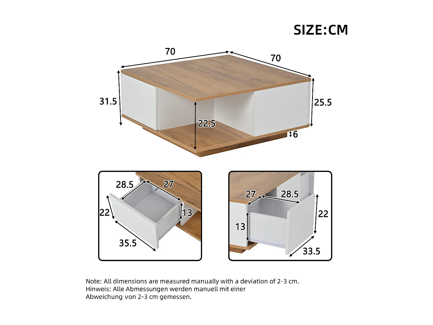 Salontafel met 3 lades - Houtlook en 1 halfopen opbergvak - wit en natuurlijk hout