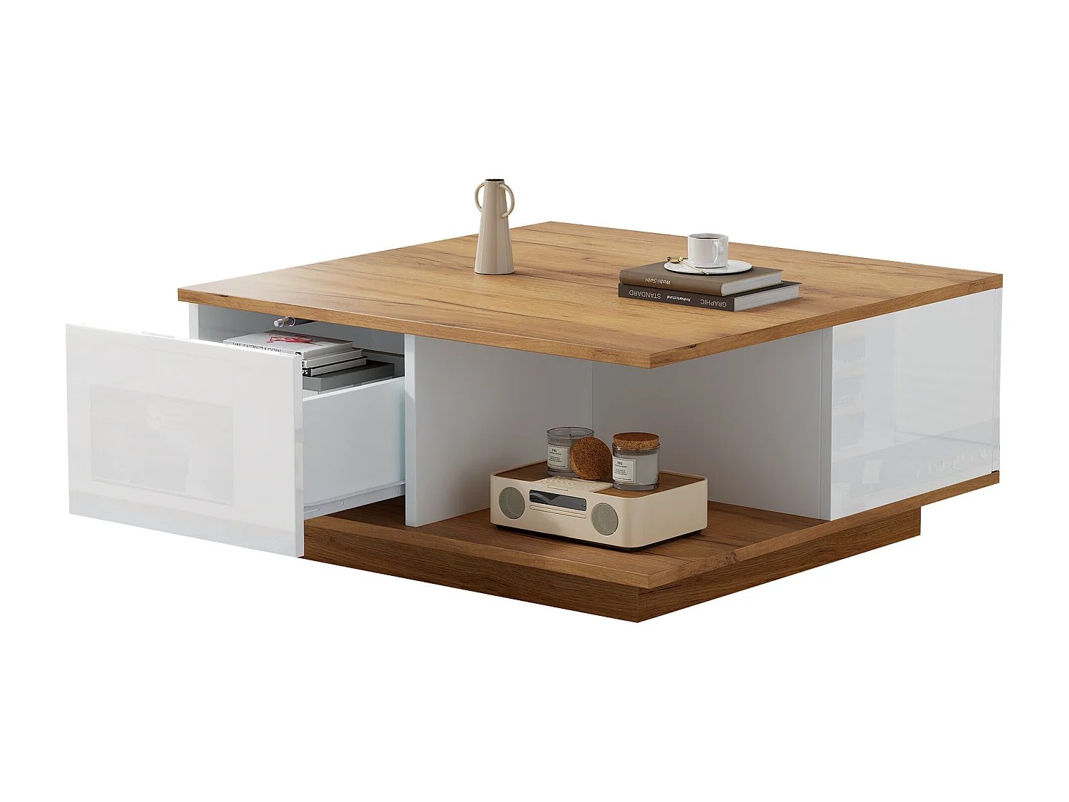 Salontafel met 3 lades - Houtlook en 1 halfopen opbergvak - wit en natuurlijk hout