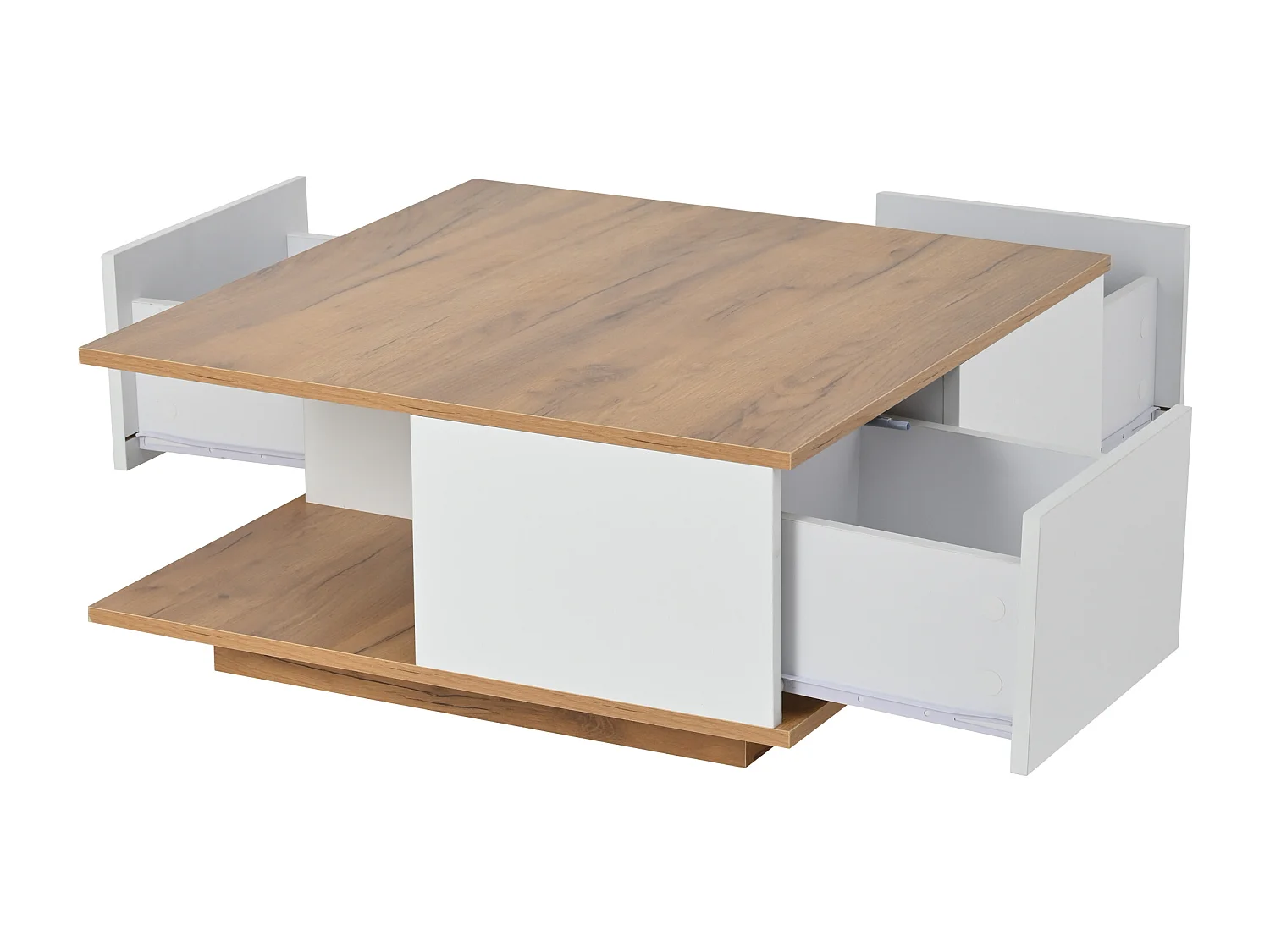 Salontafel met 3 lades - Houtlook en 1 halfopen opbergvak - wit en natuurlijk hout