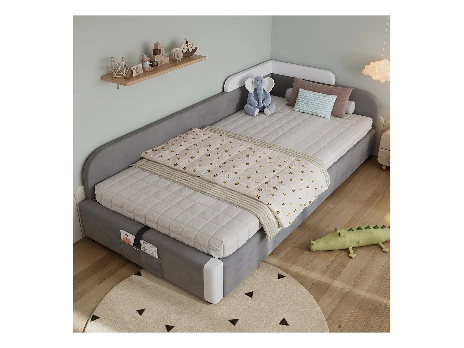 Opbergbed 90 x 200 cm - Eenpersoonsbed met linker zijpaneel - grijs fluweel - matras niet inbegrepen