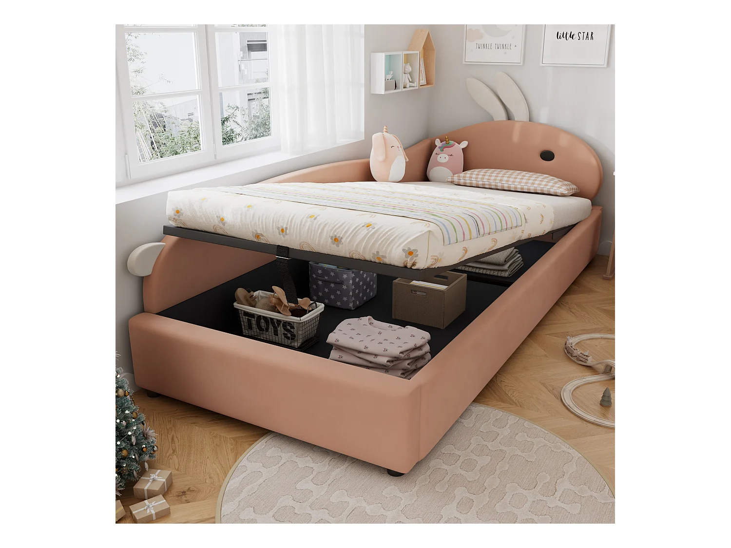 Lit coffre 90 x 200 cm - Lit simple coté gauche avec tête de lit lapin et panneau latéral gauche - velours rose