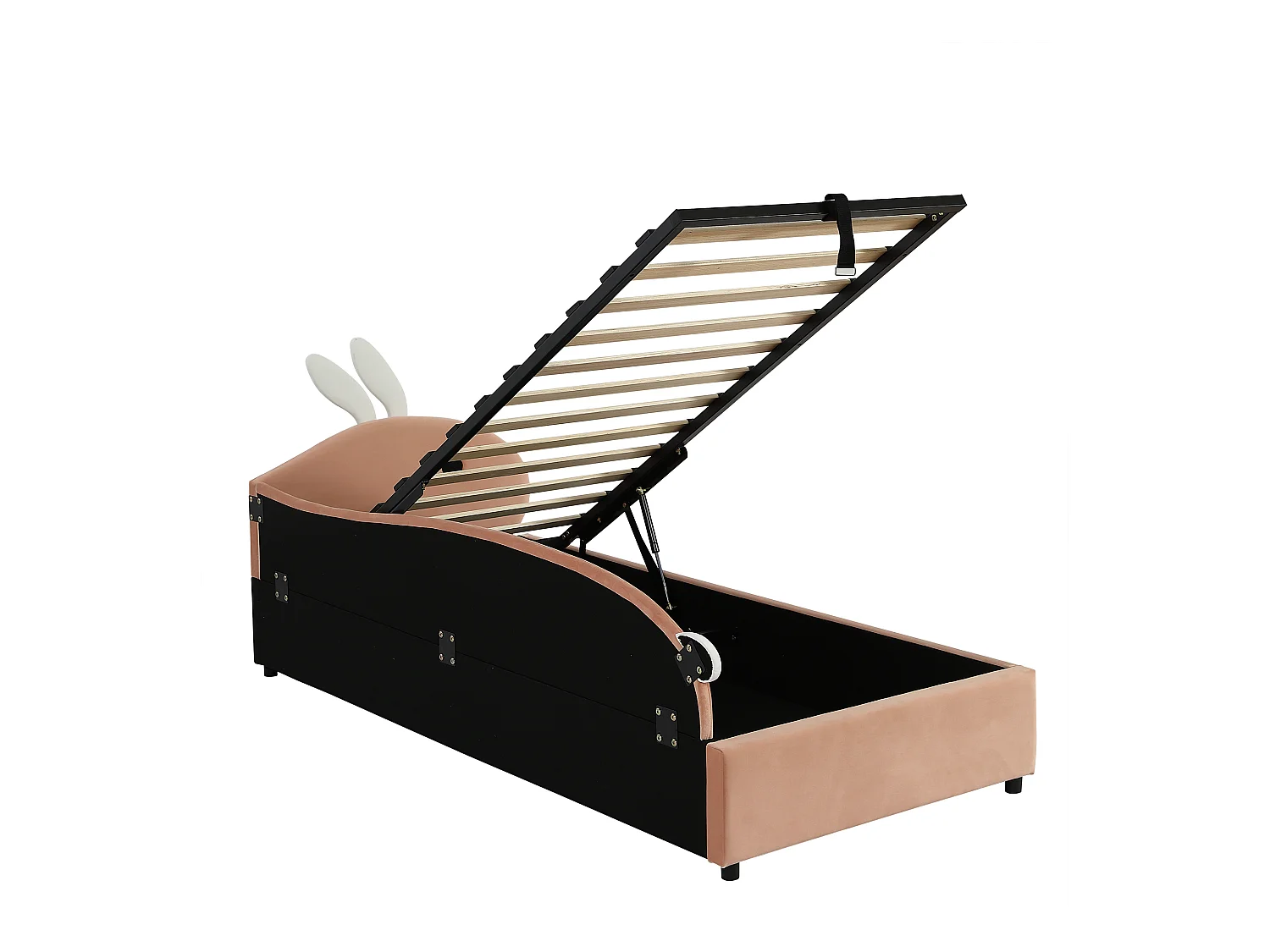 Lit coffre 90 x 200 cm - Lit simple coté gauche avec tête de lit lapin et panneau latéral gauche - velours rose