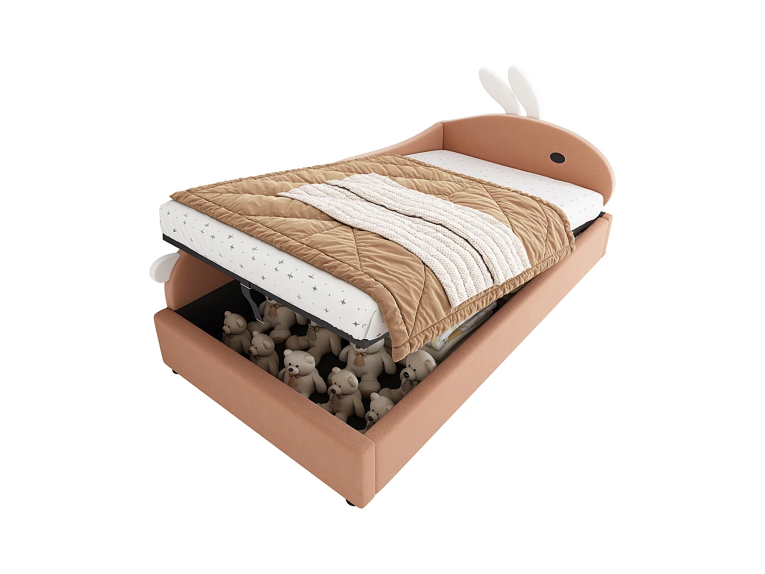 Lit coffre 90 x 200 cm - Lit simple coté gauche avec tête de lit lapin et panneau latéral gauche - velours rose