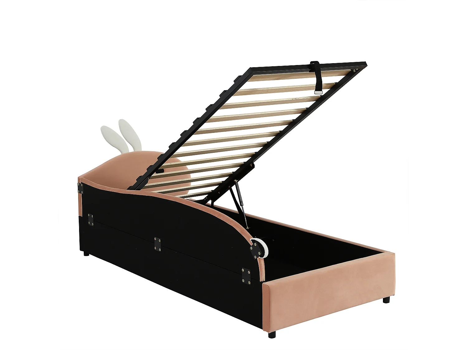 Lit coffre 90 x 200 cm - Lit simple coté gauche avec tête de lit lapin et panneau latéral gauche - velours rose