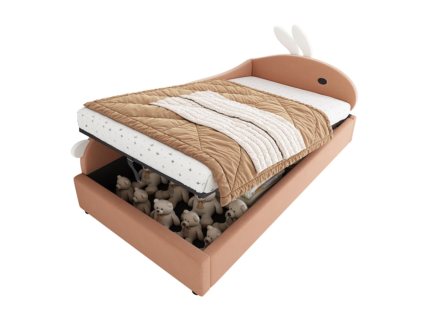 Lit coffre 90 x 200 cm - Lit simple coté gauche avec tête de lit lapin et panneau latéral gauche - velours rose