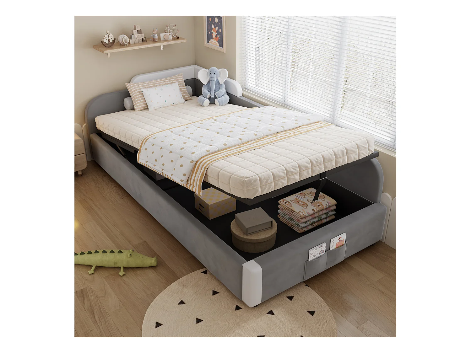 Lit coffre 90 x 200 cm - Lit simple avec panneau latéral droit - velours gris - matelas non inclus