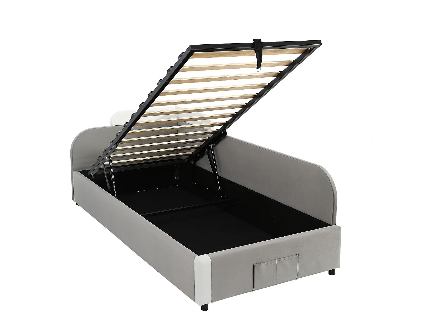 Lit coffre 90 x 200 cm - Lit simple avec panneau latéral droit - velours gris - matelas non inclus