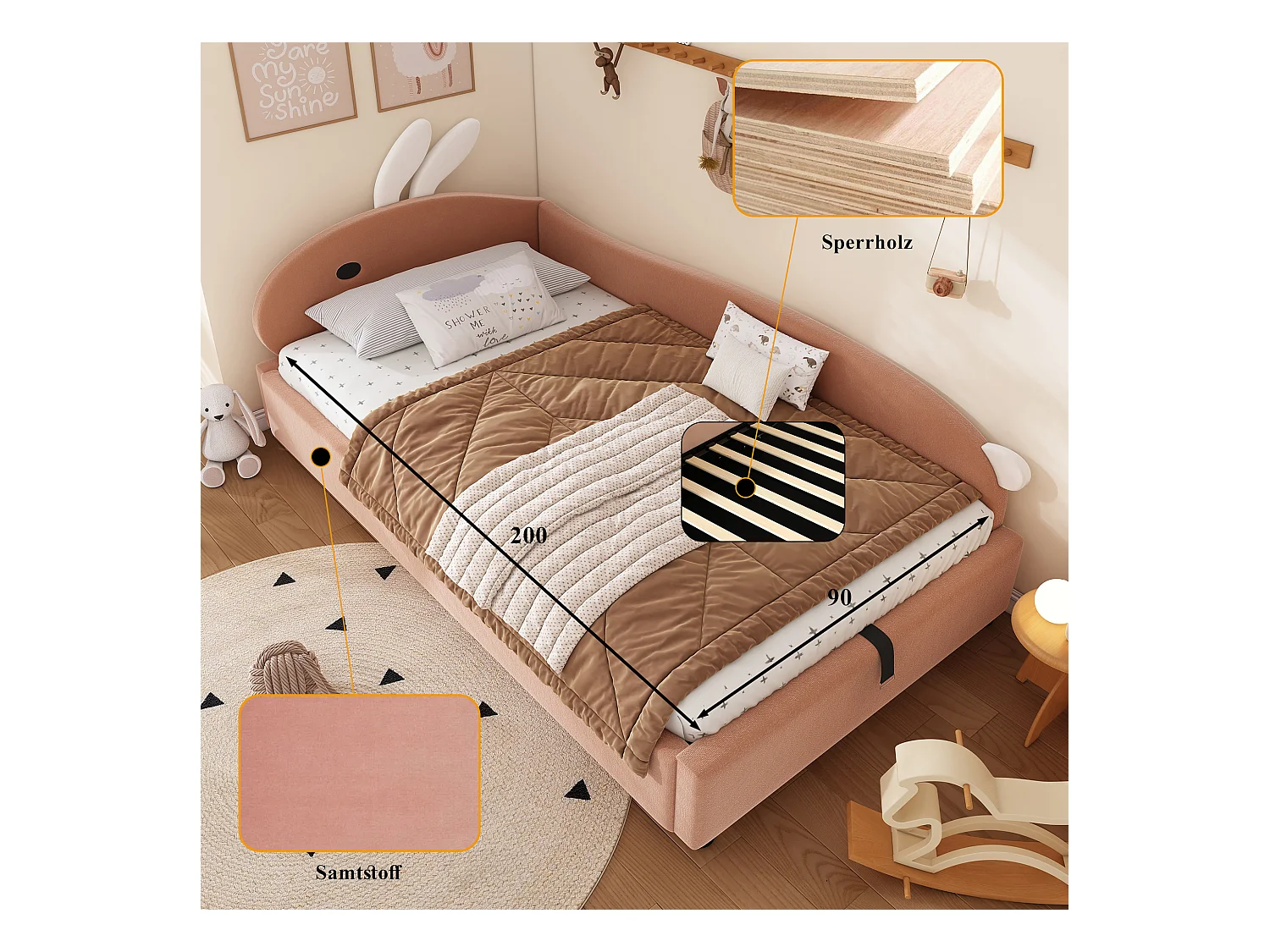 Lit coffre 90 x 200 cm - Lit simple coté droit avec tête de lit lapin et panneau latéral droit - velours rose