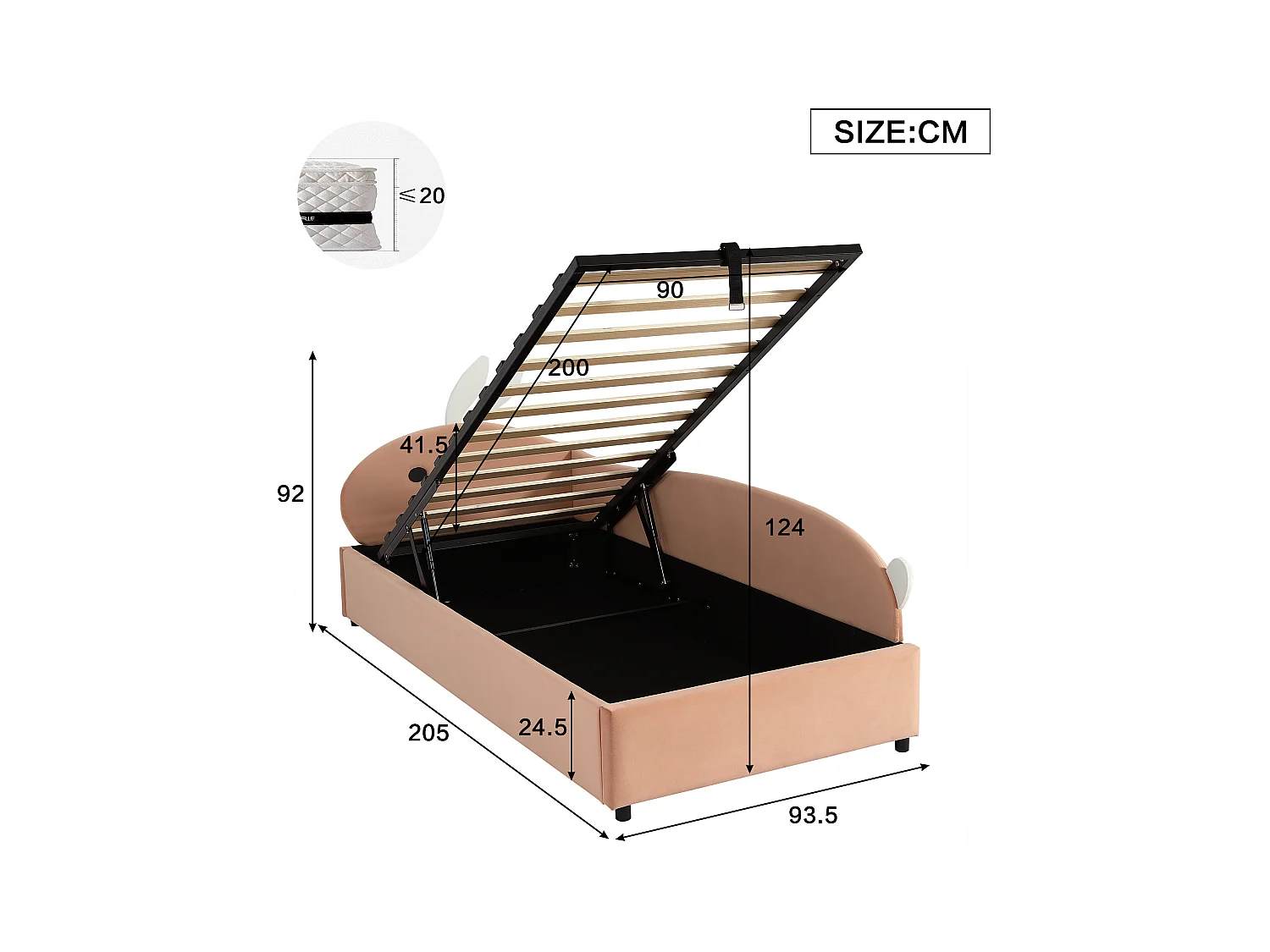 Lit coffre 90 x 200 cm - Lit simple coté droit avec tête de lit lapin et panneau latéral droit - velours rose