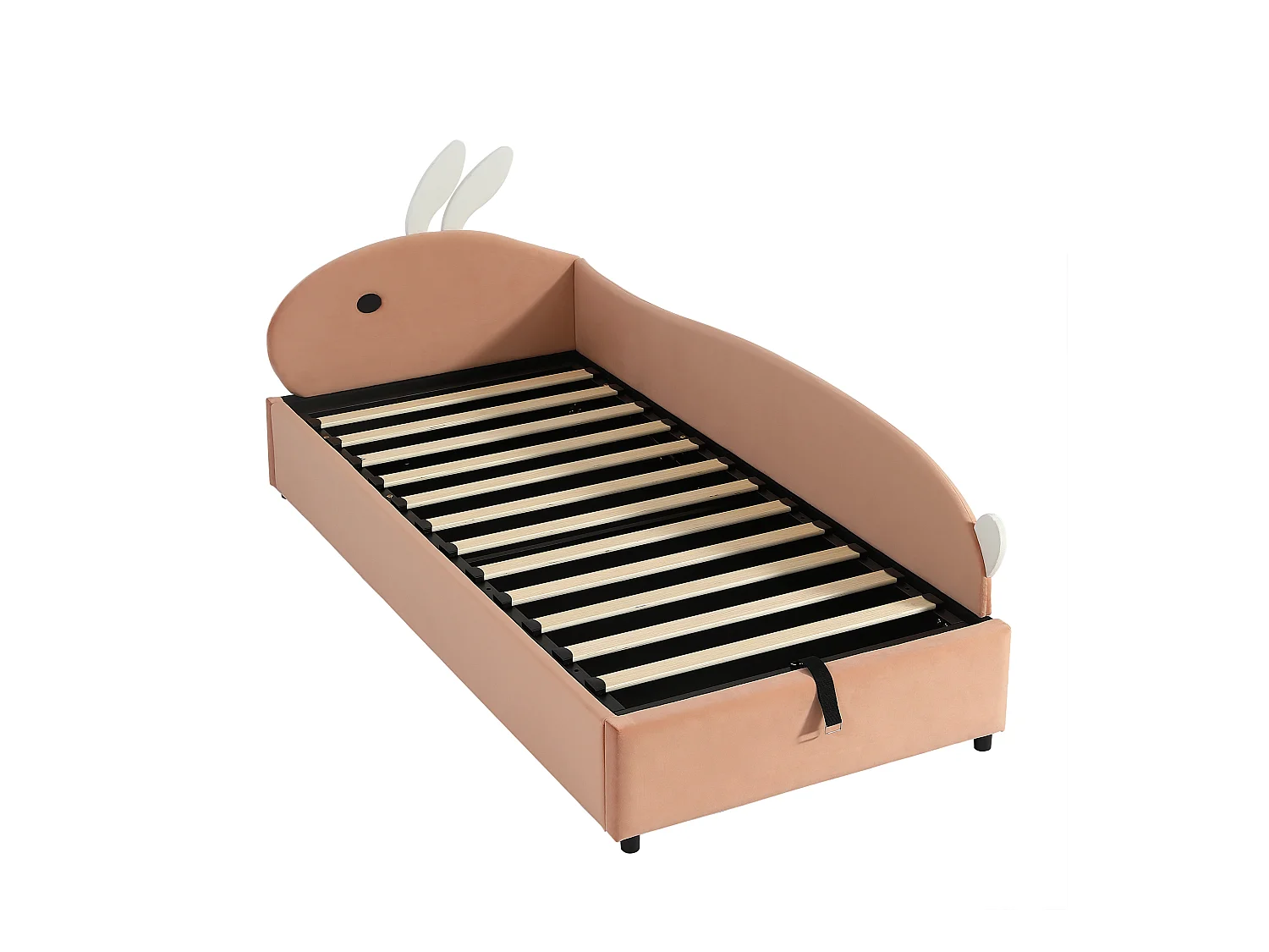 Lit coffre 90 x 200 cm - Lit simple coté droit avec tête de lit lapin et panneau latéral droit - velours rose