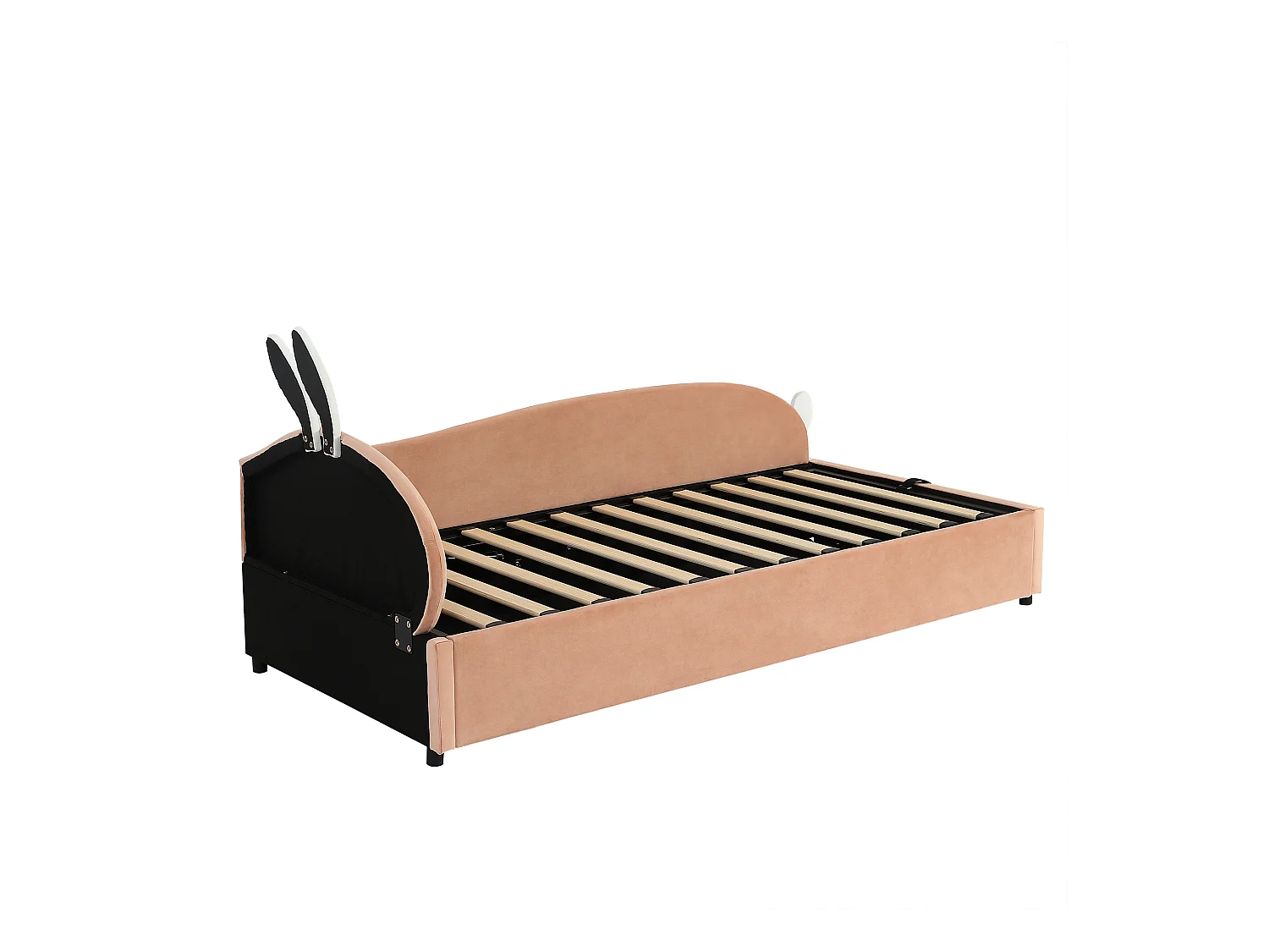 Lit coffre 90 x 200 cm - Lit simple coté droit avec tête de lit lapin et panneau latéral droit - velours rose