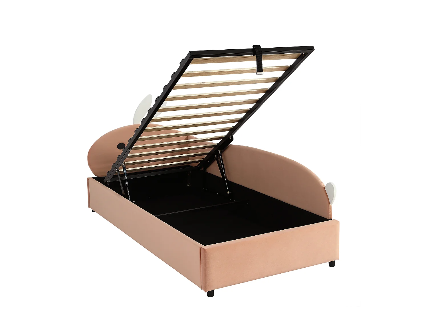 Lit coffre 90 x 200 cm - Lit simple coté droit avec tête de lit lapin et panneau latéral droit - velours rose