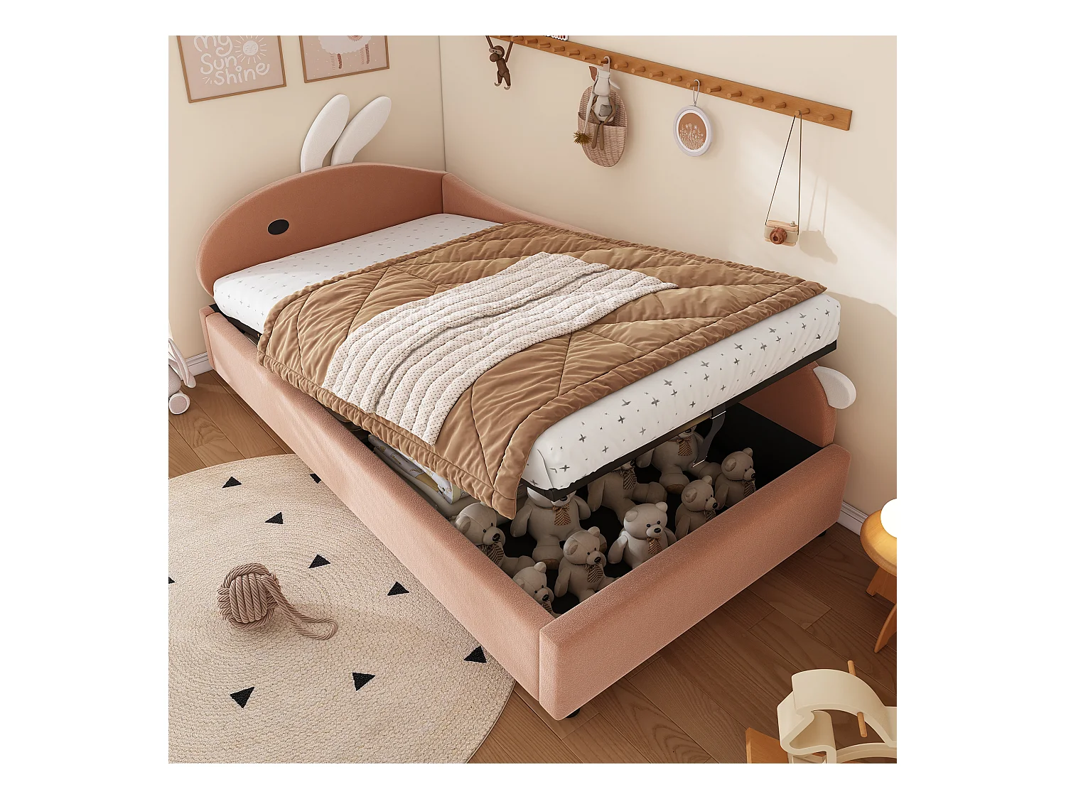 Lit coffre 90 x 200 cm - Lit simple coté droit avec tête de lit lapin et panneau latéral droit - velours rose