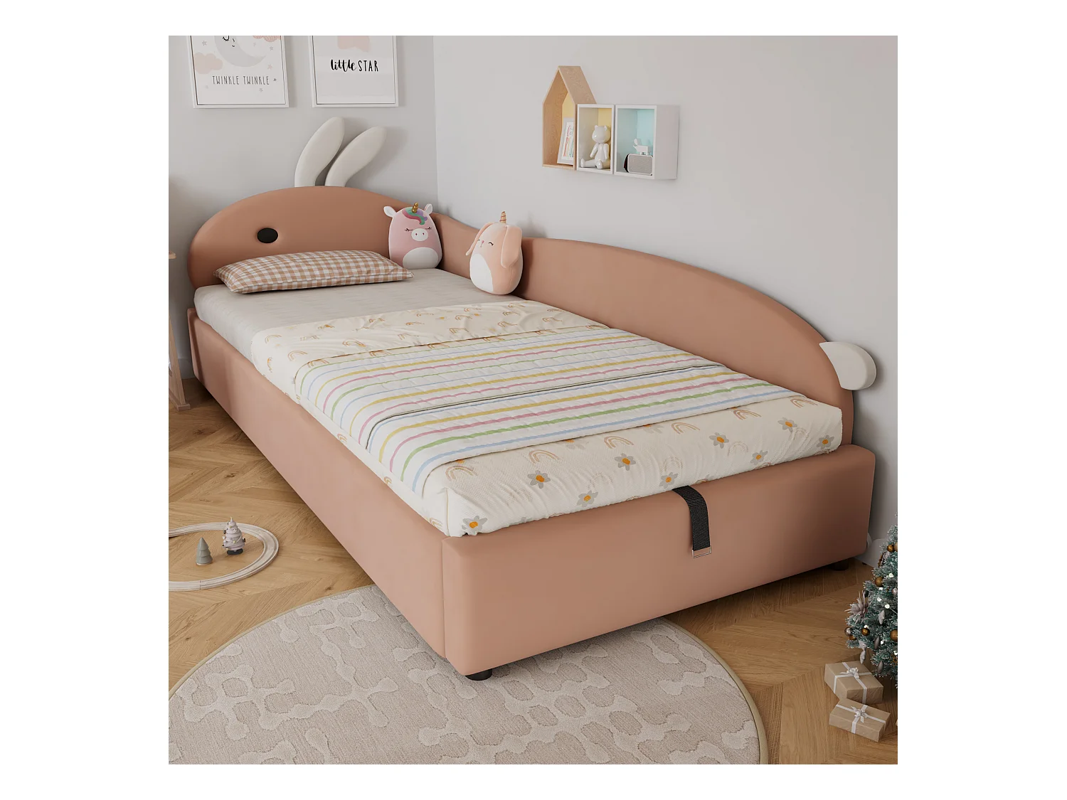 Lit coffre 90 x 200 cm - Lit simple coté droit avec tête de lit lapin et panneau latéral droit - velours rose