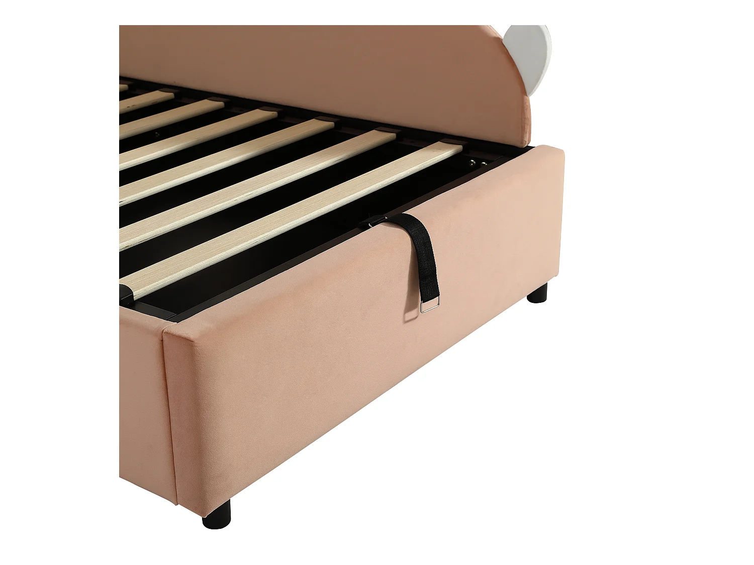 Lit coffre 90 x 200 cm - Lit simple coté droit avec tête de lit lapin et panneau latéral droit - velours rose
